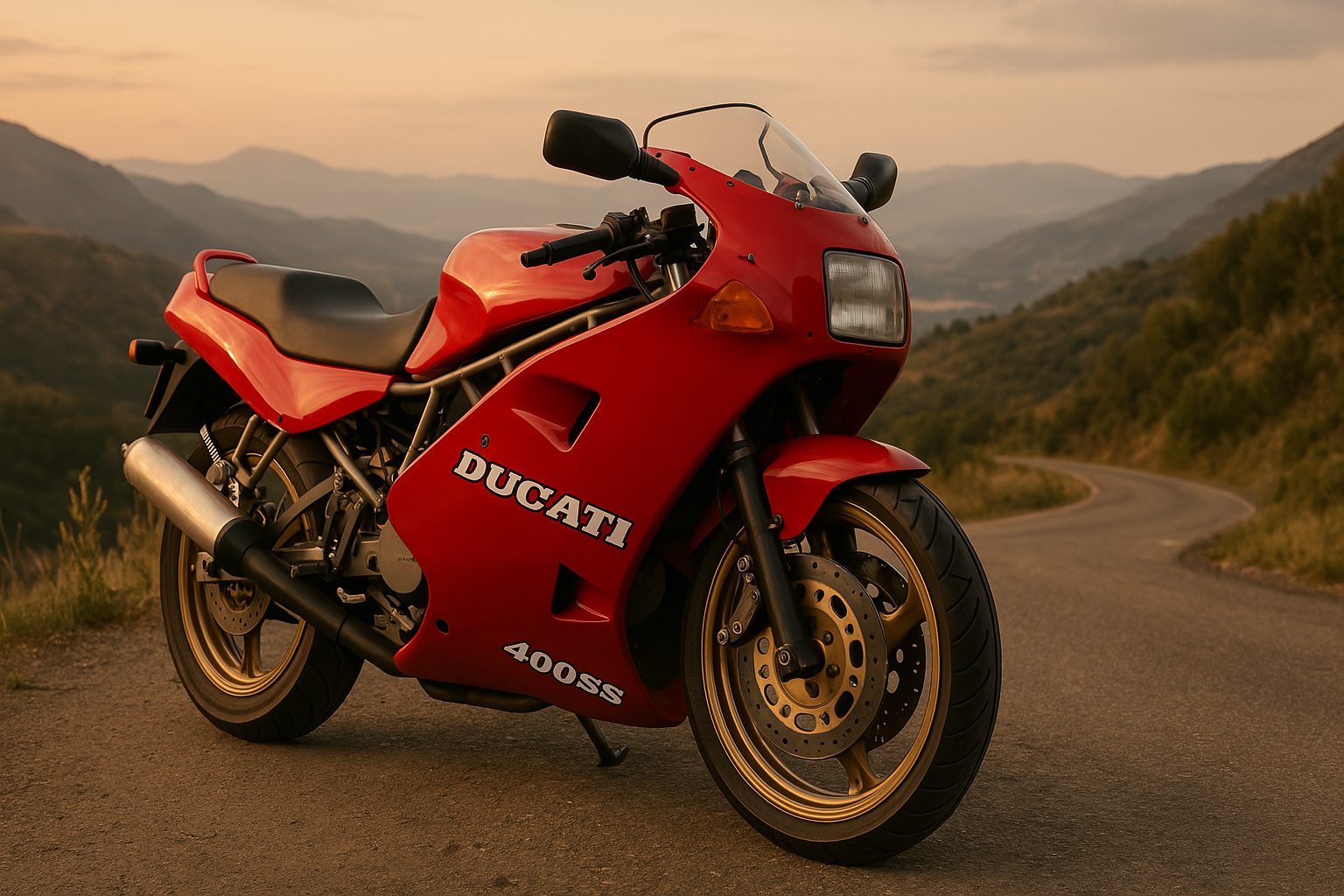 風光明媚な山道に駐車されたレトロなドゥカティ400SSバイク、赤いフルフェアリングのデザイン、1990年代のイタリアのスポーツバイクスタイル、柔らかな夕方の光