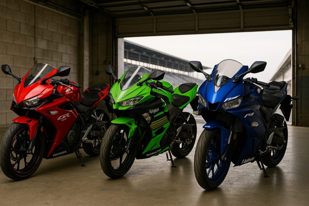 CBR400R、Ninja400、YZF-R3など、複数の国産400ccフルフェアリング・スポーツバイクが、ガレージやレース場に並んでいる。