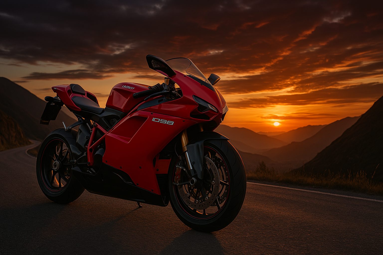 夕暮れ時の曲がりくねった山道に駐車された洗練されたドゥカティ1098スーパーバイク、詳細な赤と黒のボディ、イタリアンデザイン、映画のような照明、ドラマチックな空、16:9比率