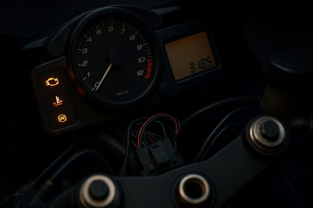 警告灯が点灯したオートバイのダッシュボードのクローズアップ、薄暗い照明、電気系統のトラブルを象徴するワイヤーがわずかに露出している、写実的なスタイル。