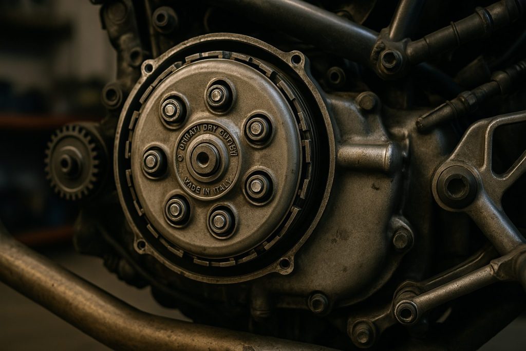 ドゥカティモーターサイクルの乾式クラッチシステムの機械的クローズアップ、詳細な金属部品、わずかな油汚れ、ガレージの背景