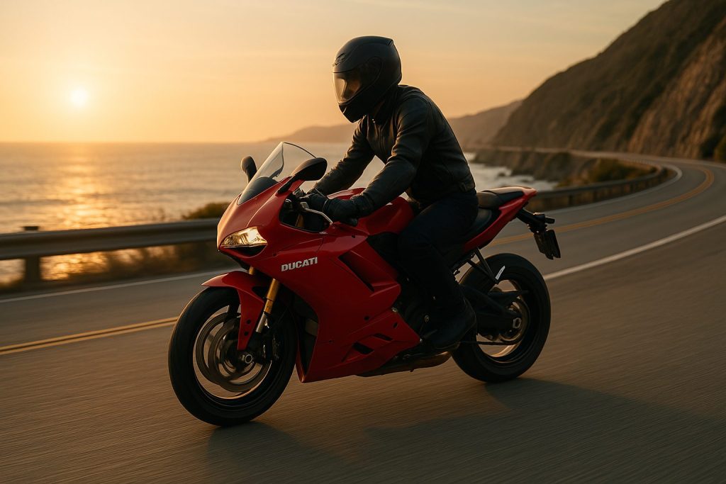 ゴールデンタイムに海岸沿いのハイウェイをクルージングするドゥカティライダー、穏やかな天候、海と崖の背景、開放感と長い旅路