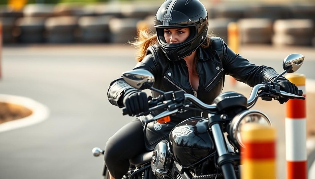 ハーレー乗りの女ライダーがテクニックを実践 ハーレー乗りの女ライダーがテクニックを実践