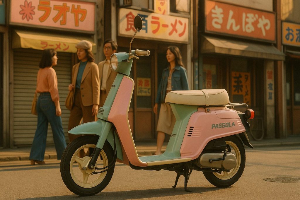 1970年代の街並みとパステルカラーのヤマハ パッソーラ