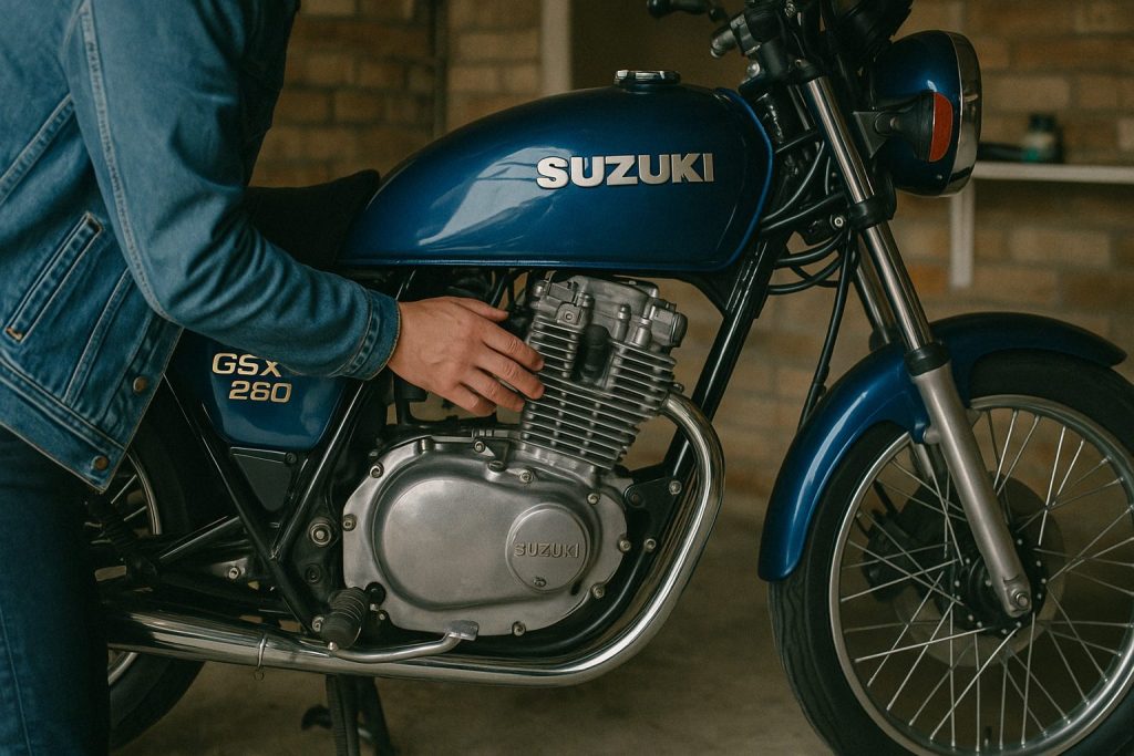スズキ GSX250 ゴキ・ザリの中古車選びでエンジンをチェックする様子