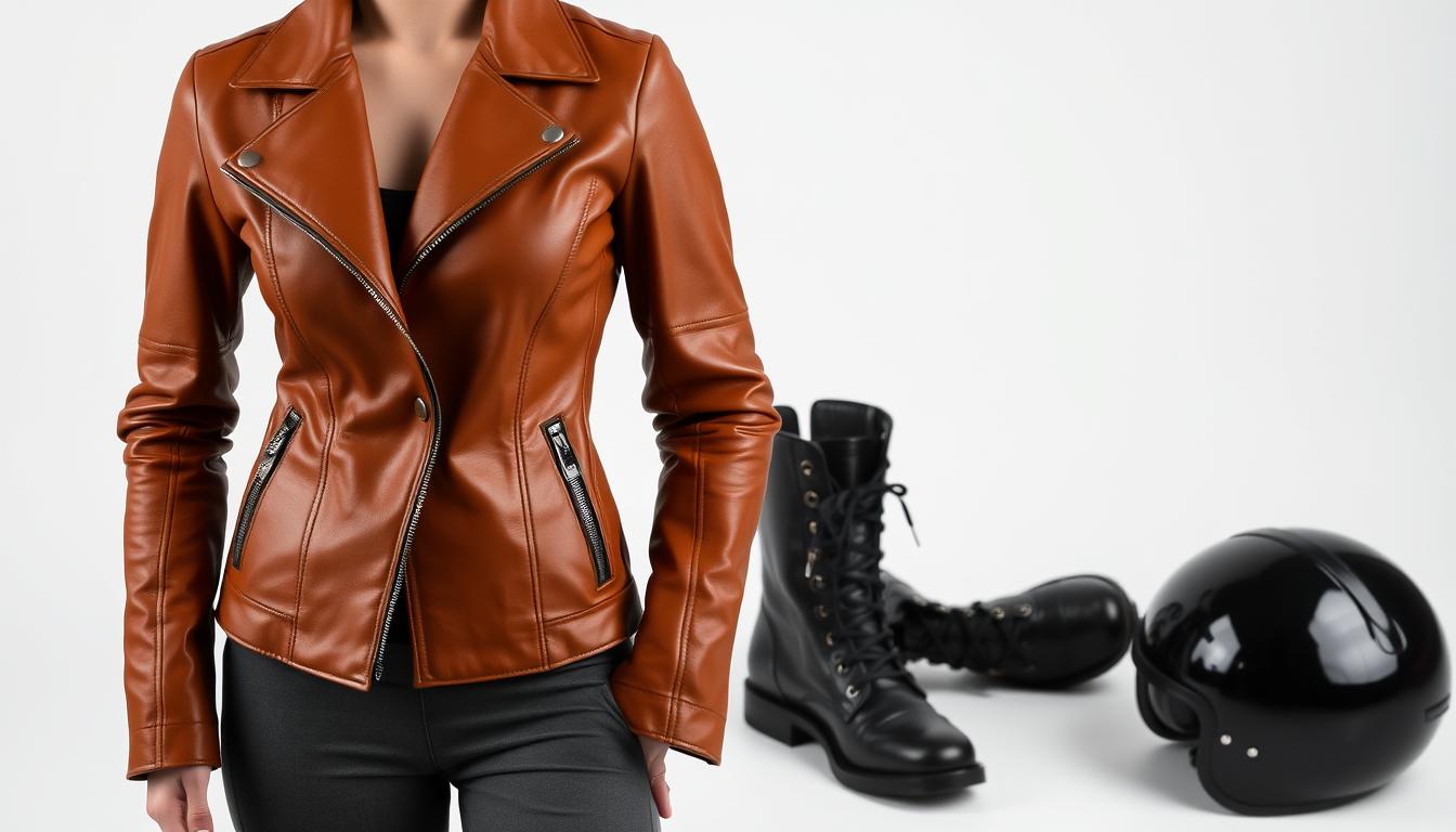 A well-fitted set of ladies' riding gear, meticulously crafted for the petite rider. In the foreground, a sleek leather jacket in a warm chestnut hue, its tailored silhouette accentuating the wearer's figure. Complementing it, a pair of slim-fit riding pants in a subtle charcoal tone, the fabric flexible yet durable. The middle ground features a pair of sturdy, low-profile riding boots, their laces neatly tied, ready to provide support and grip. In the background, a minimalist motorcycle helmet rests, its glossy black shell reflecting the studio lighting, conveying a sense of safety and preparedness. The overall aesthetic is elegant, practical, and designed to empower the confident, petite rider.