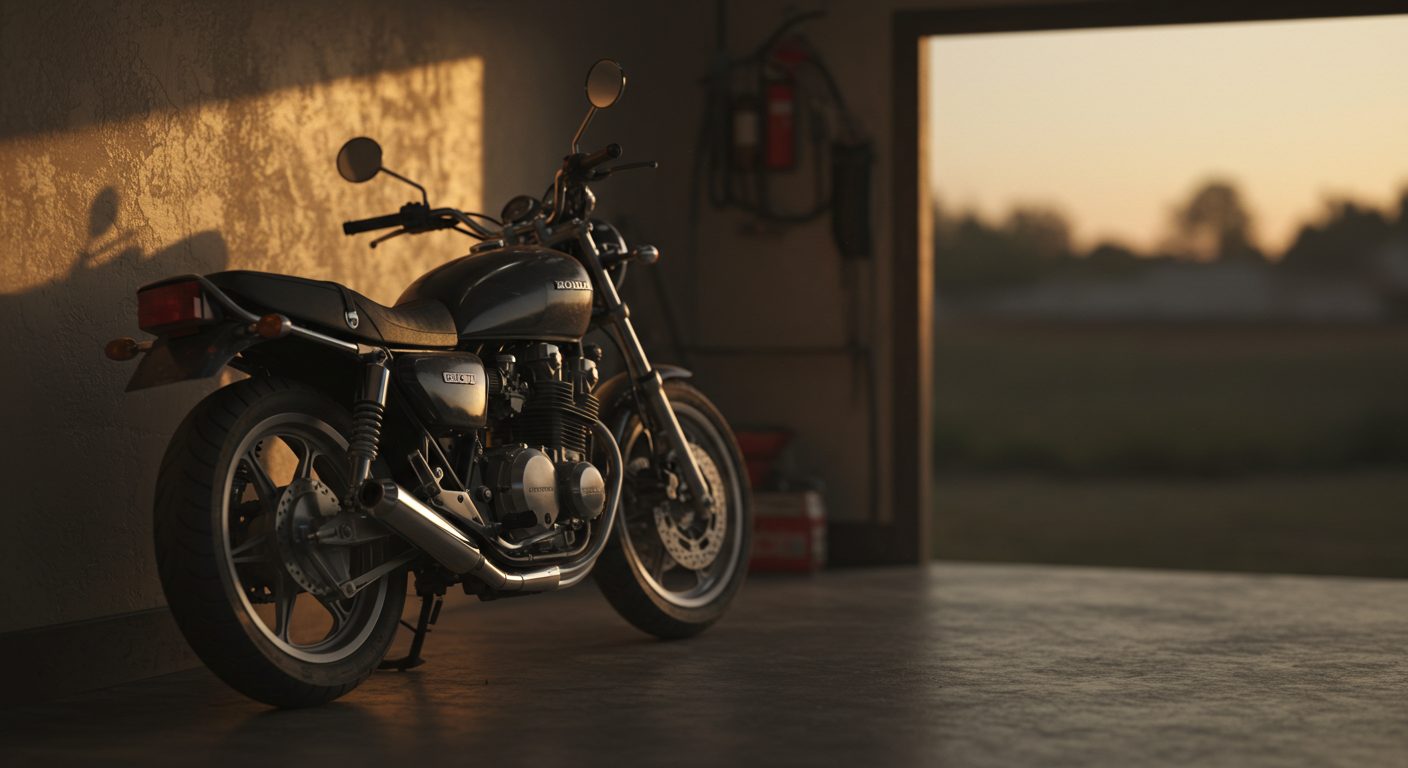 Honda CB motorcycle leaning in the corner of a garage, slightly dusty, lonely dusk light, shallow depth of field, photorealistic
